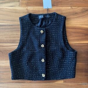 Zara Black Tweed Vest with Gold Accents